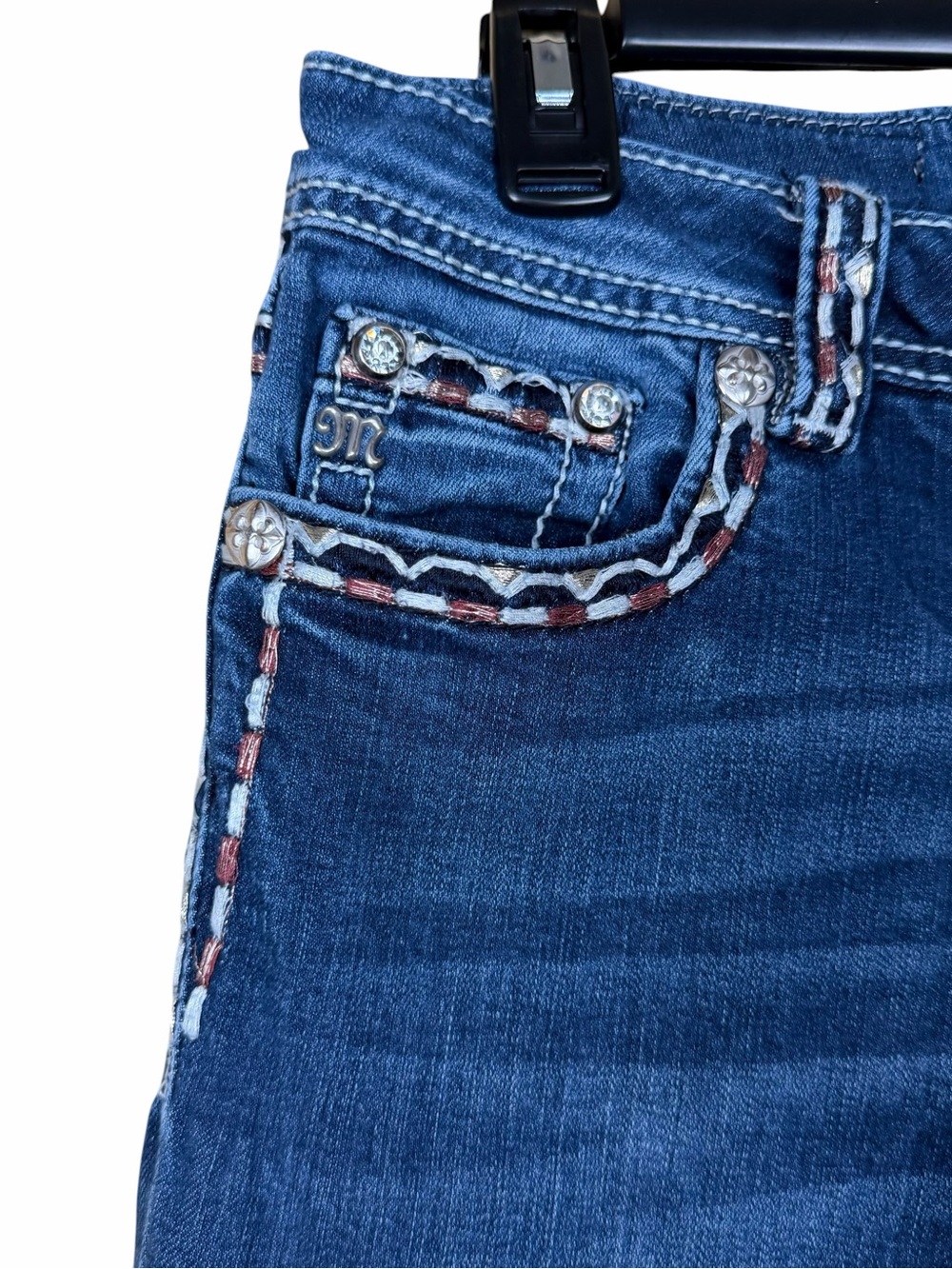 Miss Me Y2K Bootcut Jeans Sz 28x32 Low Rise Dark Wash Western Cowboy Embroidered - Picture 6 of 11